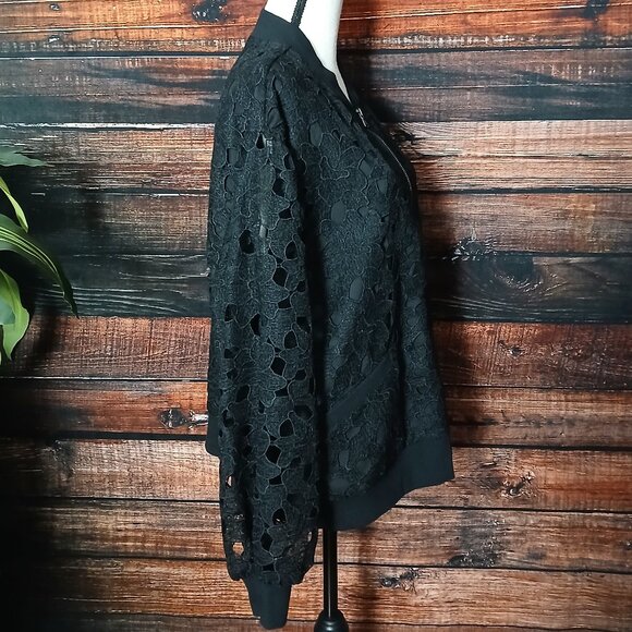Isaac Mizrahi Live Bomber Jacket XL Black Lace Full Zip Sheer Sleeve - Picture 7 of 10